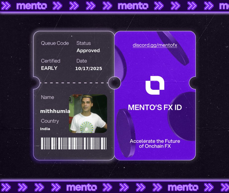 AdpHunterm's tweet image. Licensed to trade the internet’s FX layer. 

Claimed my FX ID on discord.gg/mentofx 

 every currency, onchain with @MentoLabs