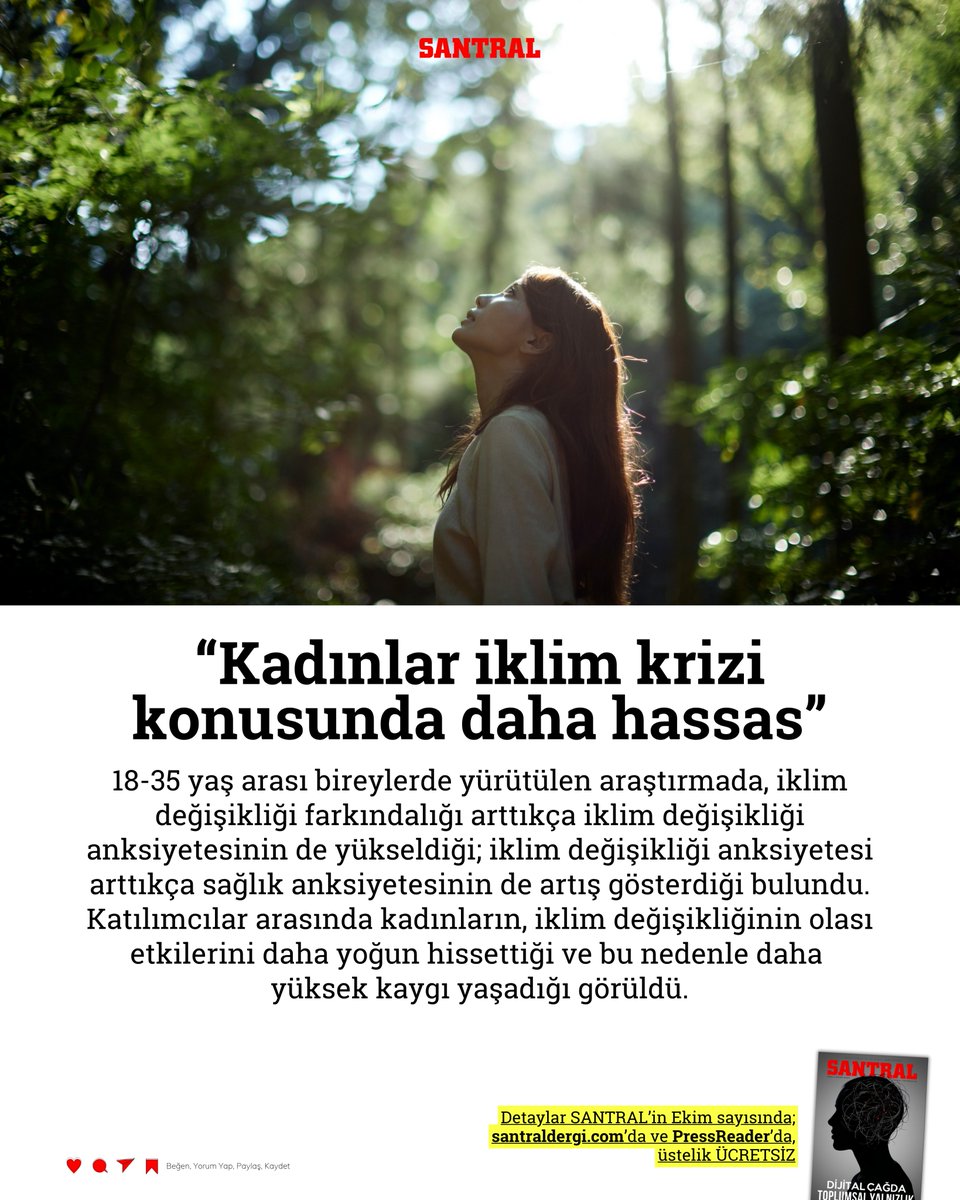 "Kadınlar iklim krizi konusunda daha hassas"

Katılımcılar arasında kadınların, iklim değişikliğinin olası etkilerini daha yoğun hissettiği ve bu nedenle daha yüksek kaygı yaşadığı görüldü

Detaylar SANTRAL’in Ekim sayısında; santraldergi.com’da ve PressReader’da!