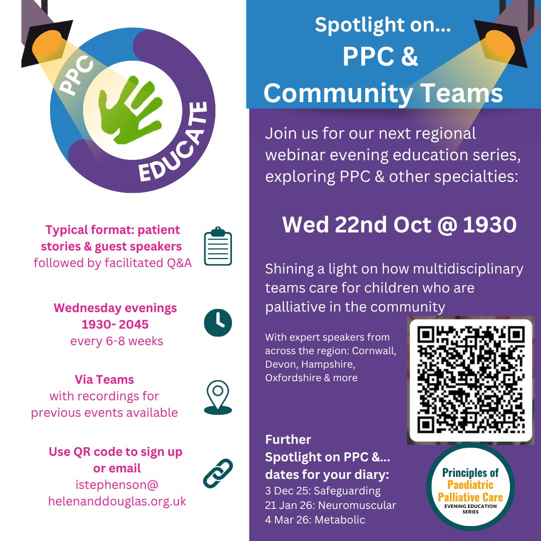 #PPCEducate Join us for the next of our Spotlight webinars on Wednesday 22nd Oct at 1930, discussing care of children in the community, including living well, role of education, and caring at end of life. Sign up link: forms.office.com/e/UVgqGapjgt?o…