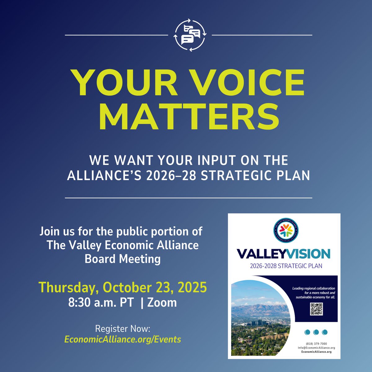 (1/2) 🌇 Be a part of shaping the future of the Valley!

Join The  Alliance virtually on 10/23 for the public portion of our Board Meeting, featuring the presentation of our 2026-28 Strategic Plan — a roadmap to strengthen biz growth, workforce development, &amp; regional prosperity.