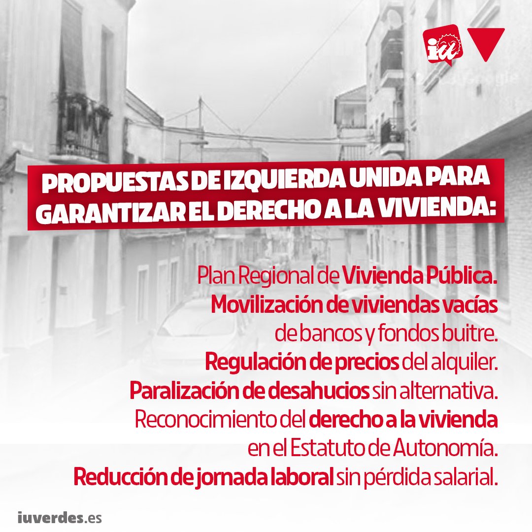 ✊ Desde <a href="/IUVRM/">IUVRM🔻🇵🇸</a> proponemos medidas reales:

1⃣ Plan Regional de Vivienda Pública
2️⃣ Regulación del alquiler
3⃣ Stop desahucios sin alternativa
4️⃣ Fiscalidad progresiva
5⃣ Reducción de jornada sin pérdida salarial