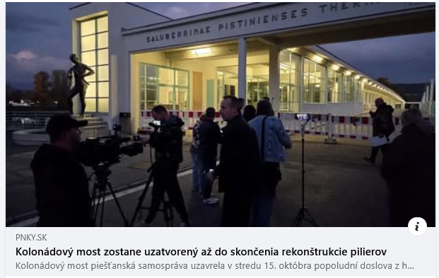 Rozpadávajúca sa krajina: po Hlohovci déja vu aj v Piešťanoch. Most (národná kultúrna pamiatka) je v takom zlom stave, že ho museli okamžite uzavrieť. Kúpele s niekoľkými stovkami zamestnancov a 50 000 hosťami ročne ostali so zvyškom mesta spojené len cestným mostom s lávkou.