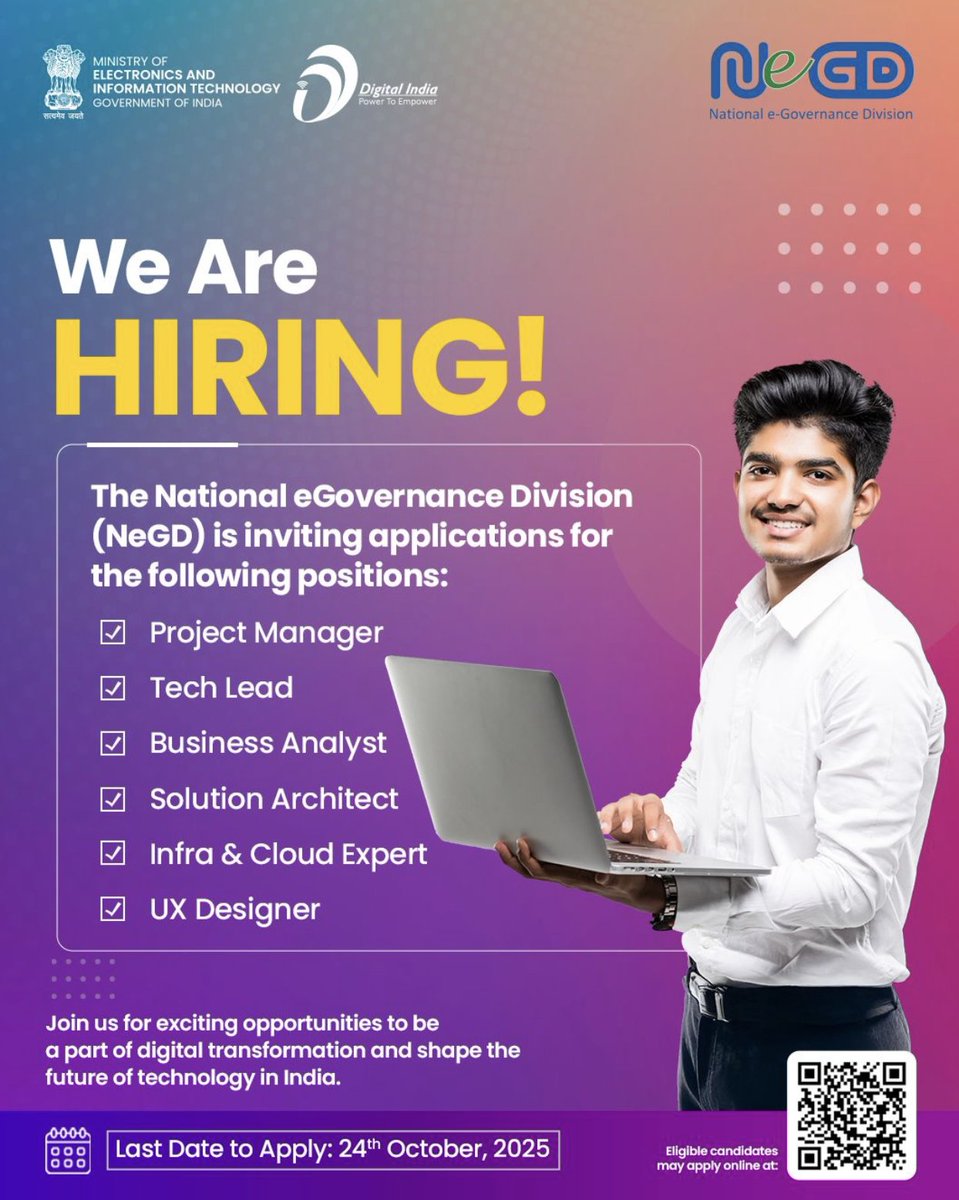 National e-Governance Division (@negd_goi) on Twitter photo Your next big career move starts here! ๐ 
Join #NeGD and contribute to building a digitally empowered India.  
Apply by 24th October 2025.  
#DigitalIndia #HiringAlert #GovTechJobs #HiringNow #NowHiring #JoinOurTeam #CareersAtNEGD Your next big career move starts here! ๐ 
Join #NeGD and contribute to building a digitally empowered India.  
Apply by 24th October 2025.  
#DigitalIndia #HiringAlert #GovTechJobs #HiringNow #NowHiring #JoinOurTeam #CareersAtNEGD
