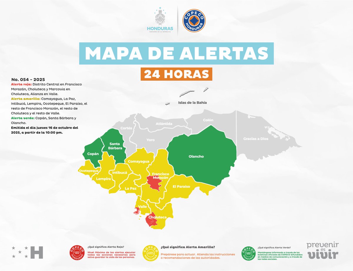 🔴🟡🟢 #Alerta | COPECO emite Alerta Roja para cuatro municipios, Alerta Amarilla a nueve departamentos y Alerta Verde a otros tres.
