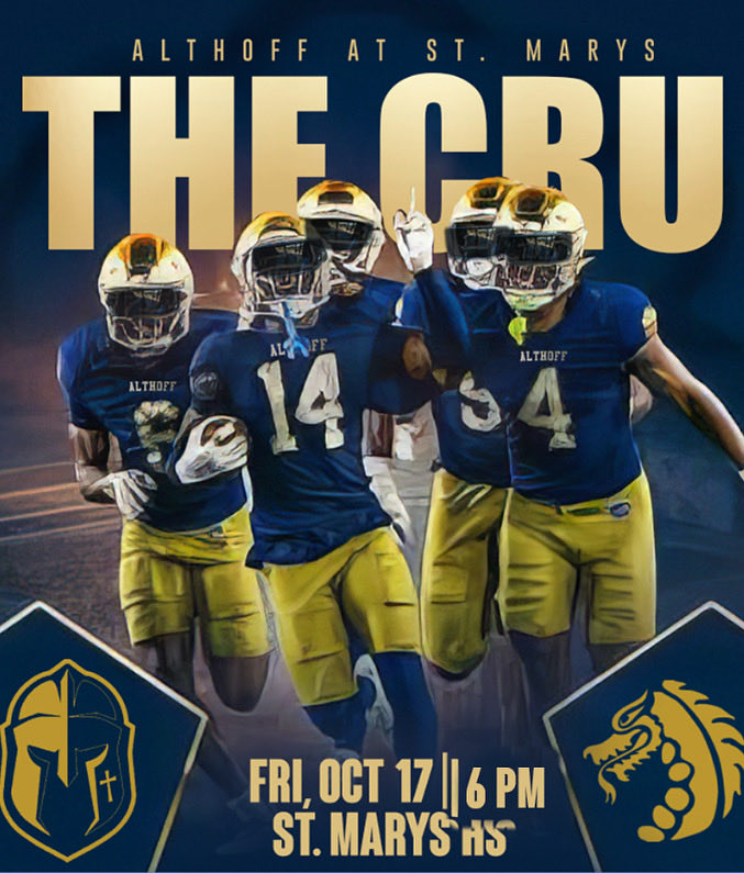 AlthoffFootball's tweet photo. Football Friday!  We travel to St. Mary’s for a 6pm kickoff this evening!  Good luck to all area players, coaches, and officials.  Go Crusaders!
#stackyourbrick

SMK Designs LLC with the 🔥flyer!! https://t.co/7ugnlYeO4q