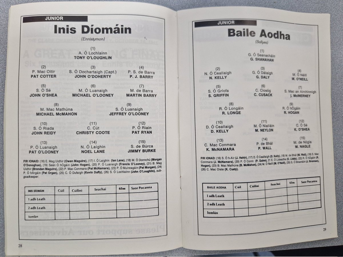 GaaClare's tweet photo. @ballyea_club won their third Junior A title in 91 , Here's a look at the teams from the County finals programme back then . Game was played before the senior final of that year , with @ClarecastleGAA and @Scariff meeting in that final .. #throwbackClareGaa https://t.co/toTvhhw4NP