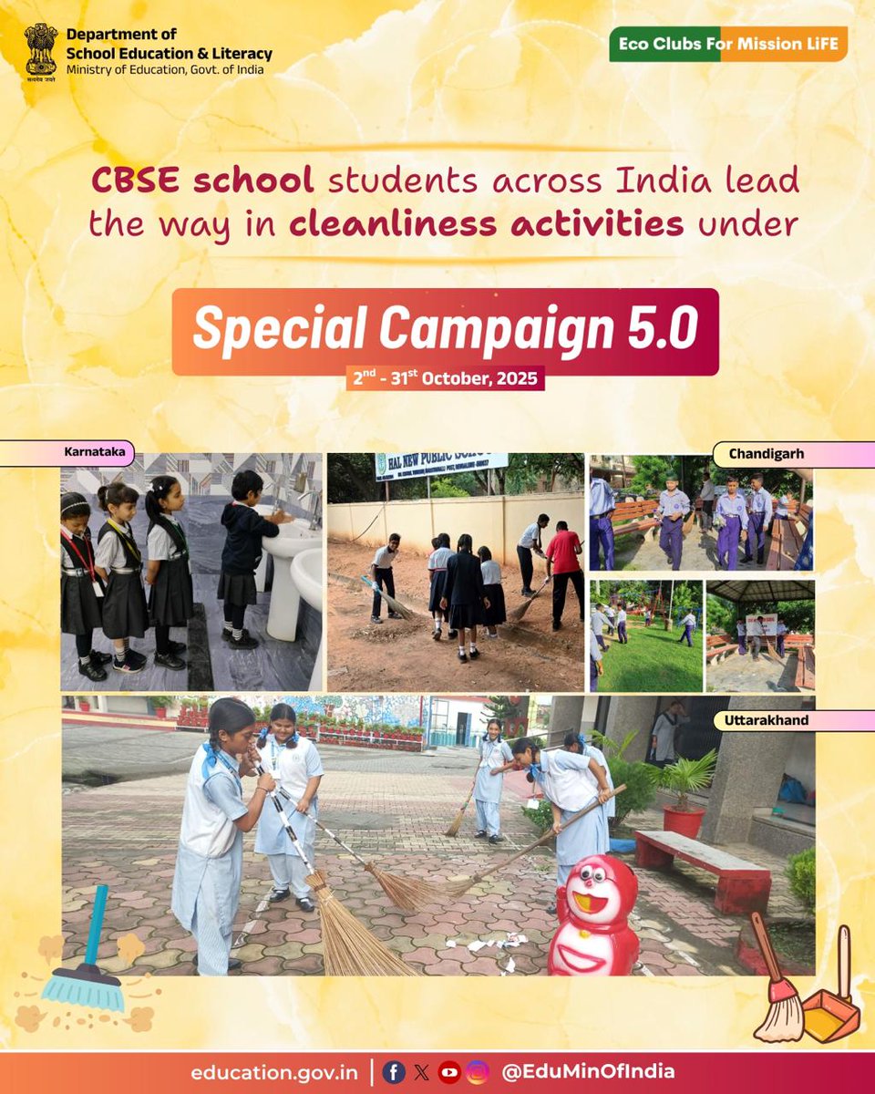 EduMinOfIndia's tweet image. Under the ongoing #SpecialCampaign 5.0, @cbseindia29 school students across the nation are actively participating in diverse cleanliness drives within their campuses and surrounding areas. These activities, ranging from cleaning classrooms and playgrounds to maintaining hygiene…