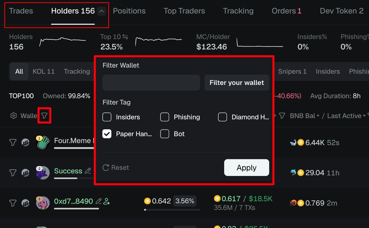 ⚡️ GMGN Update - Holder/Trader New Filter 

- Supports filtering Insiders, Paper hands, Diamond hands, Phishing wallets, etc., to prevent small-amount bulk distributions &amp; bot volume wallets from polluting your holders list