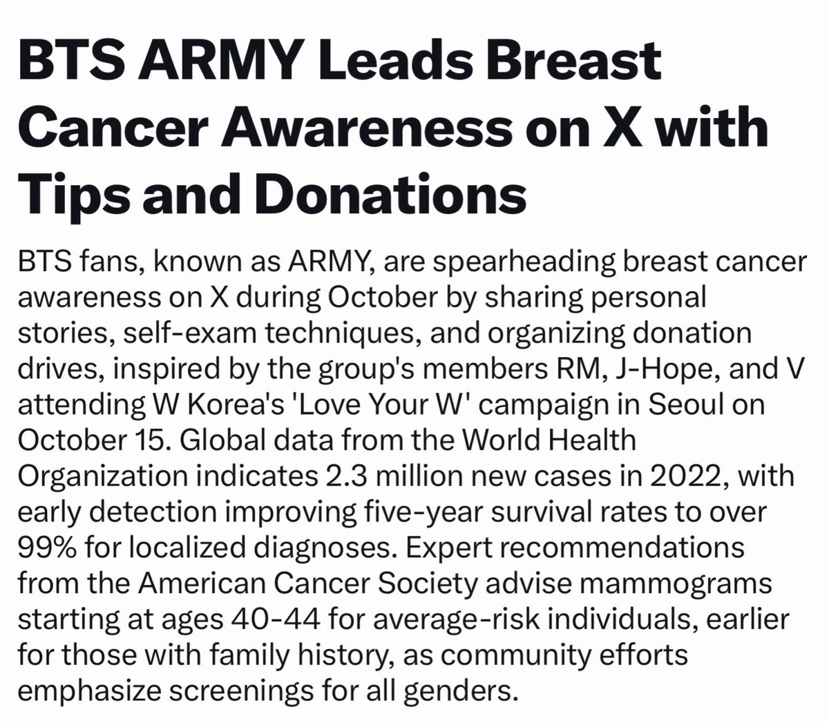 btschartsdailyc's tweet image. “ARMY, are spearheading breast cancer awareness on X during October…inspired by the group&apos;s members RM, J-Hope, and V attending W Korea&apos;s &apos;Love Your W&apos; campaign ” ~ Trending on X

ARMYS FOR BCA 
ARMYS FOR BREAST CANCER AWARENESS
#armysforbca  
#breastcancerawareness