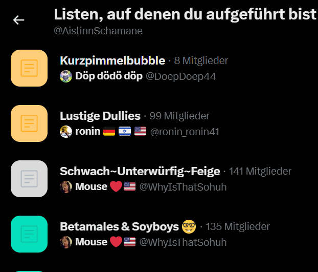 Ich ergänze:
Blockt folgende Listenfucker..
<a href="/DoepDoep44/">Döp dödö döp</a> 
<a href="/ronin_ronin41/">ronin 🇩🇪 🇮🇱 🇺🇸</a> 
<a href="/WhyIsThatSohuh/">Mouse ❤️🇺🇲</a> 
🤓