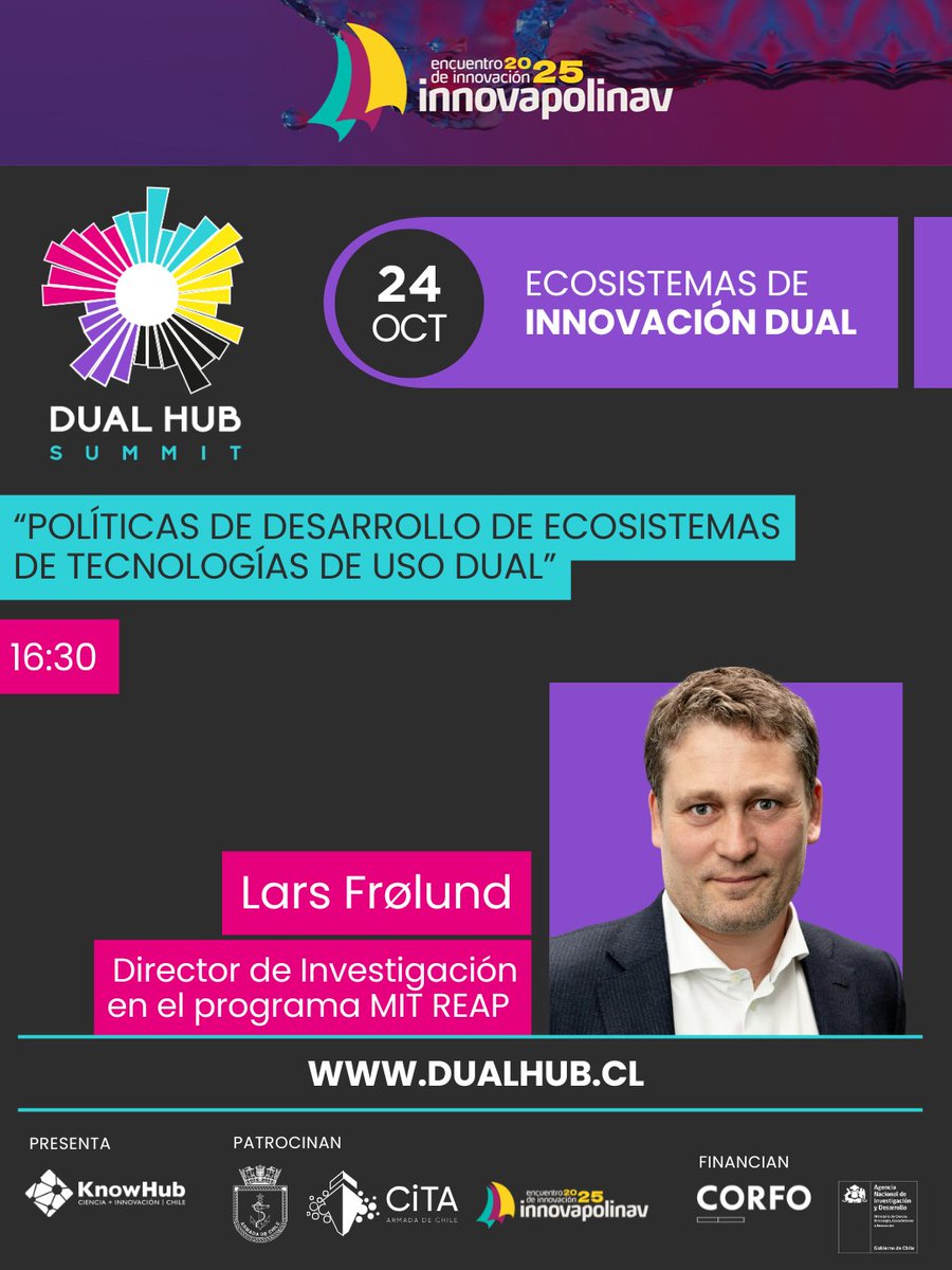 KnowHubChile's tweet image. 📘 Desde el @MIT, Lars Frølund (#MITREAP, @EICFund  y ex asesor de #NatoNIF) abordará las políticas de desarrollo de ecosistemas de #InnovaciónDual, un tema clave para conectar la ciencia con la estrategia país. 🎓

(4/6)