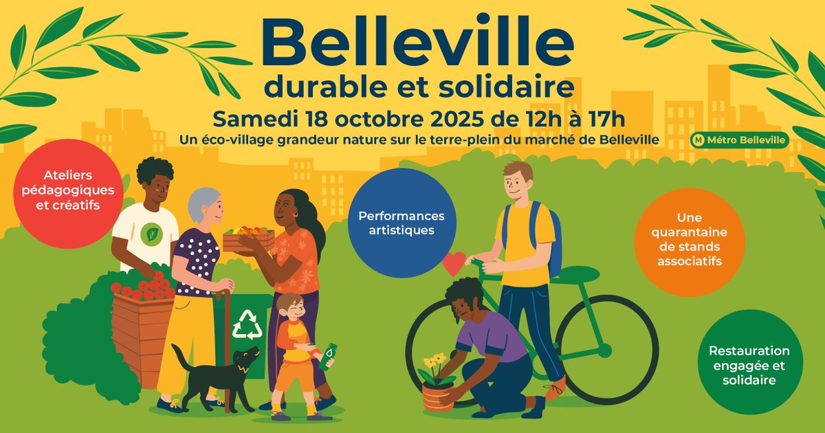 Mairie10Paris's tweet image. 📣Rdv sur le terre-plein du marché de Belleville ce samedi 18 octobre (12h-17h) pour la 4e édition du festival Belleville #durable et #solidaire! Stands de sensibilisation, animations ludiques &amp;amp; créatives: découvrez le programme⤵️
mairie10.paris.fr/pages/bellevil…
Entrée libre et gratuite