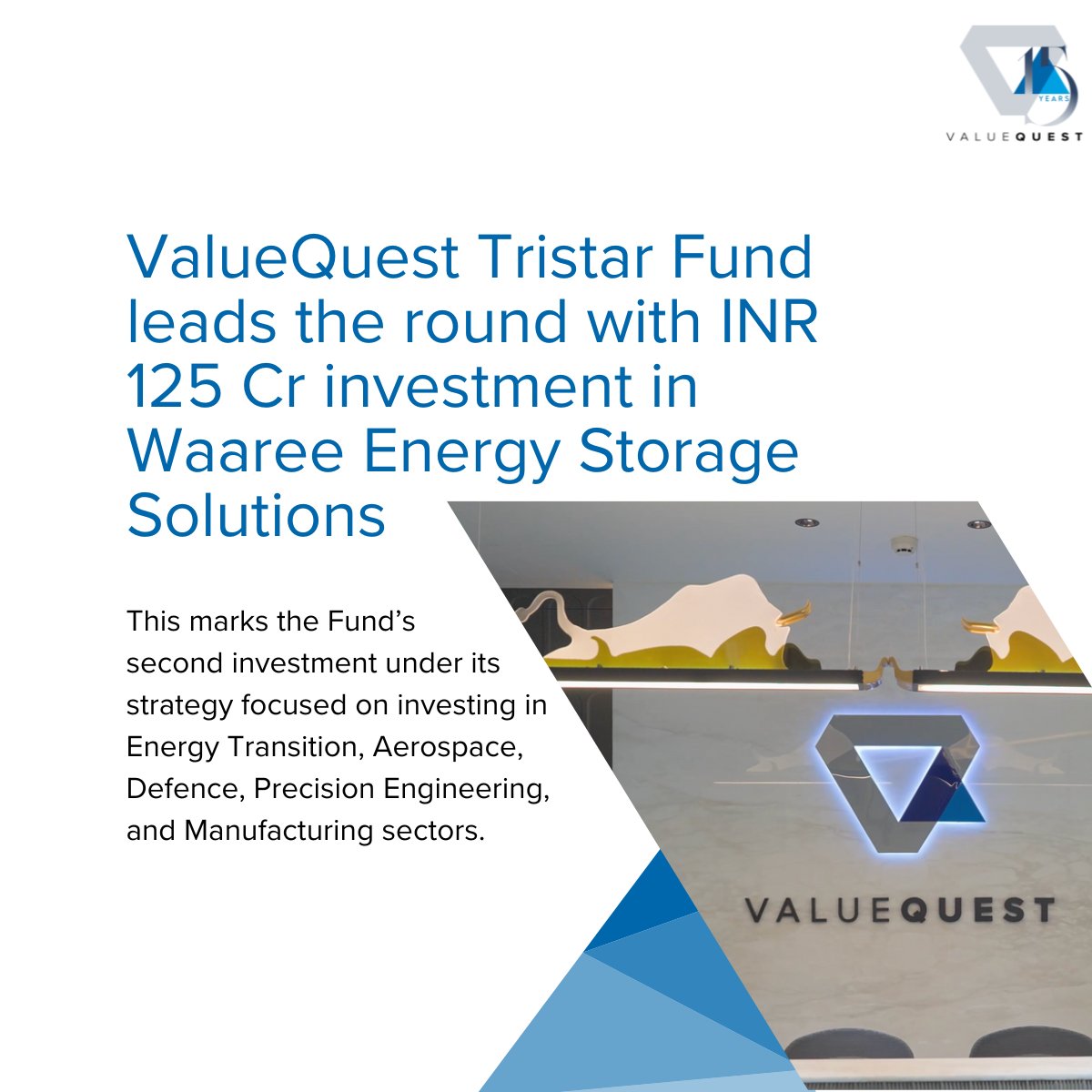 VQIndia's tweet photo. ValueQuest Tristar Fund leads the round with INR 125 Cr investment in Waaree Energy Storage Solutions

Read the detailed press release
https://t.co/I12SRJWsq6

For disclaimer - https://t.co/oFRqj9ctDH

@ravidharamshi77 @sameervq @AniketDharamshi https://t.co/nnlwKkwQ3t