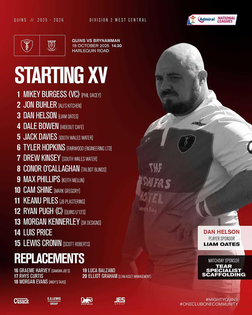 LINEUP! 🏉 

Your squad for tomorrow’s league game against Brynamman R.F.C. 💪🏼

🗓️ 18.10.25
⏰ 14:30
📍 Harlequin Road, SA12 6UP

Many thanks to matchday sponsor Tear Specialist Scaffolding  👍🏻

See you all there 🔴⚫️🏉
#oneclubonecommunity #mightyquins