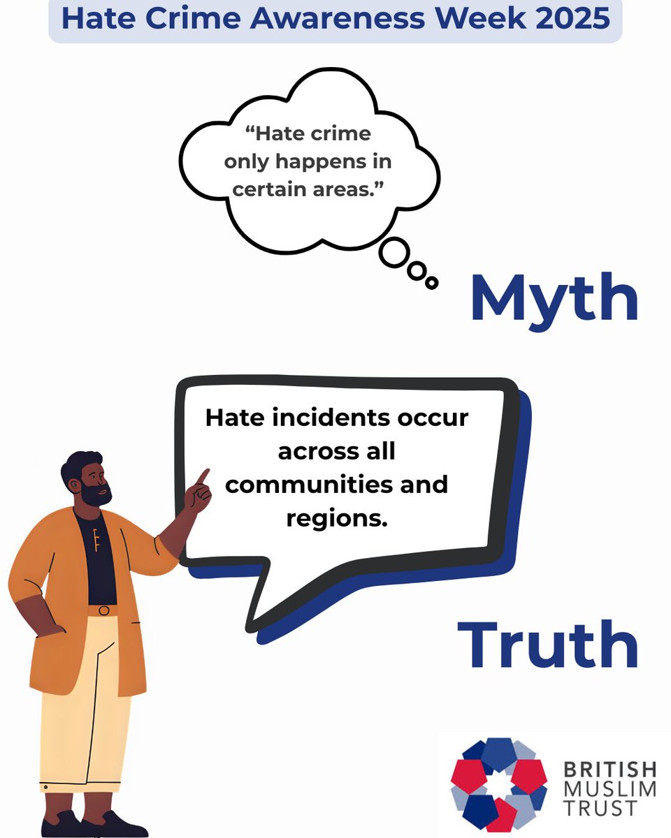 BMuslimTrust's tweet image. Myth: Hate crime is always violent.

Truth: It can be verbal, online, or through exclusion and discrimination.

Let’s challenge misconceptions together.

Unsure if what you&apos;re experiencing is a hate crime? speak with our team who are here to support you.

#MythBusting #HCAW2025…