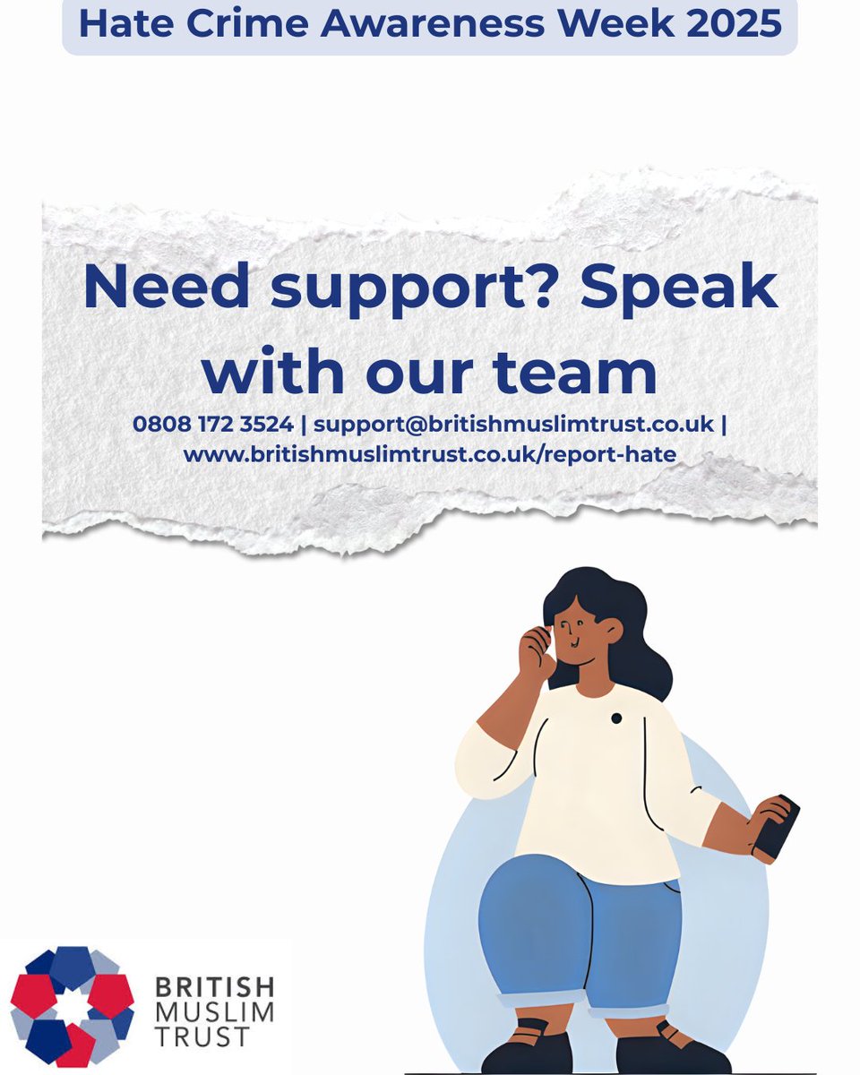 BMuslimTrust's tweet image. Myth: Hate crime is always violent.

Truth: It can be verbal, online, or through exclusion and discrimination.

Let’s challenge misconceptions together.

Unsure if what you&apos;re experiencing is a hate crime? speak with our team who are here to support you.

#MythBusting #HCAW2025…