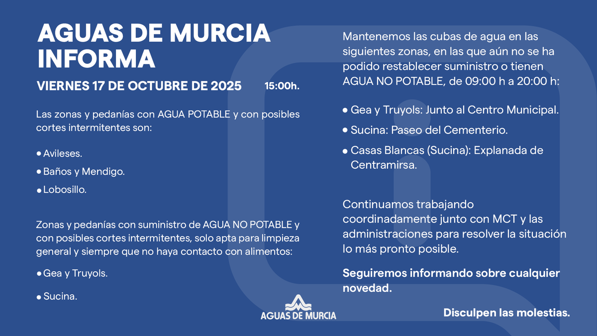 EMUASA_Clientes's tweet image. 🔔 Actualización de la red de tuberías en Avileses, Baños y Mendigo, Lobosillo, Gea y Truyols y Sucina a fecha viernes 17 de octubre