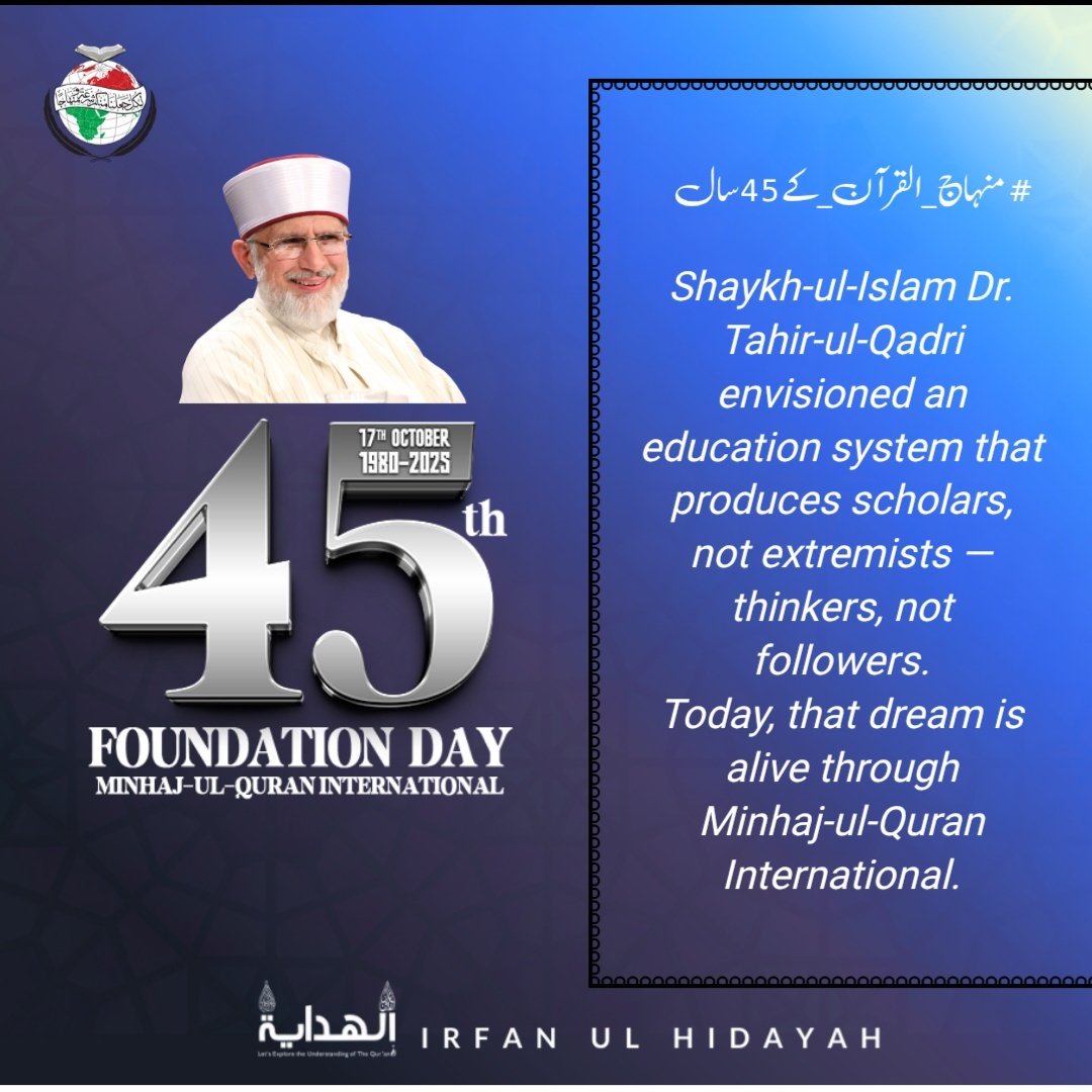 Shaykh-ul-Islam Dr. Tahir-ul-Qadri envisioned an education system that produces scholars, not extremists — thinkers, not followers.
Today, that dream is alive through Minhaj-ul-Quran International. 

#منہاج_القرآن_کے45سال