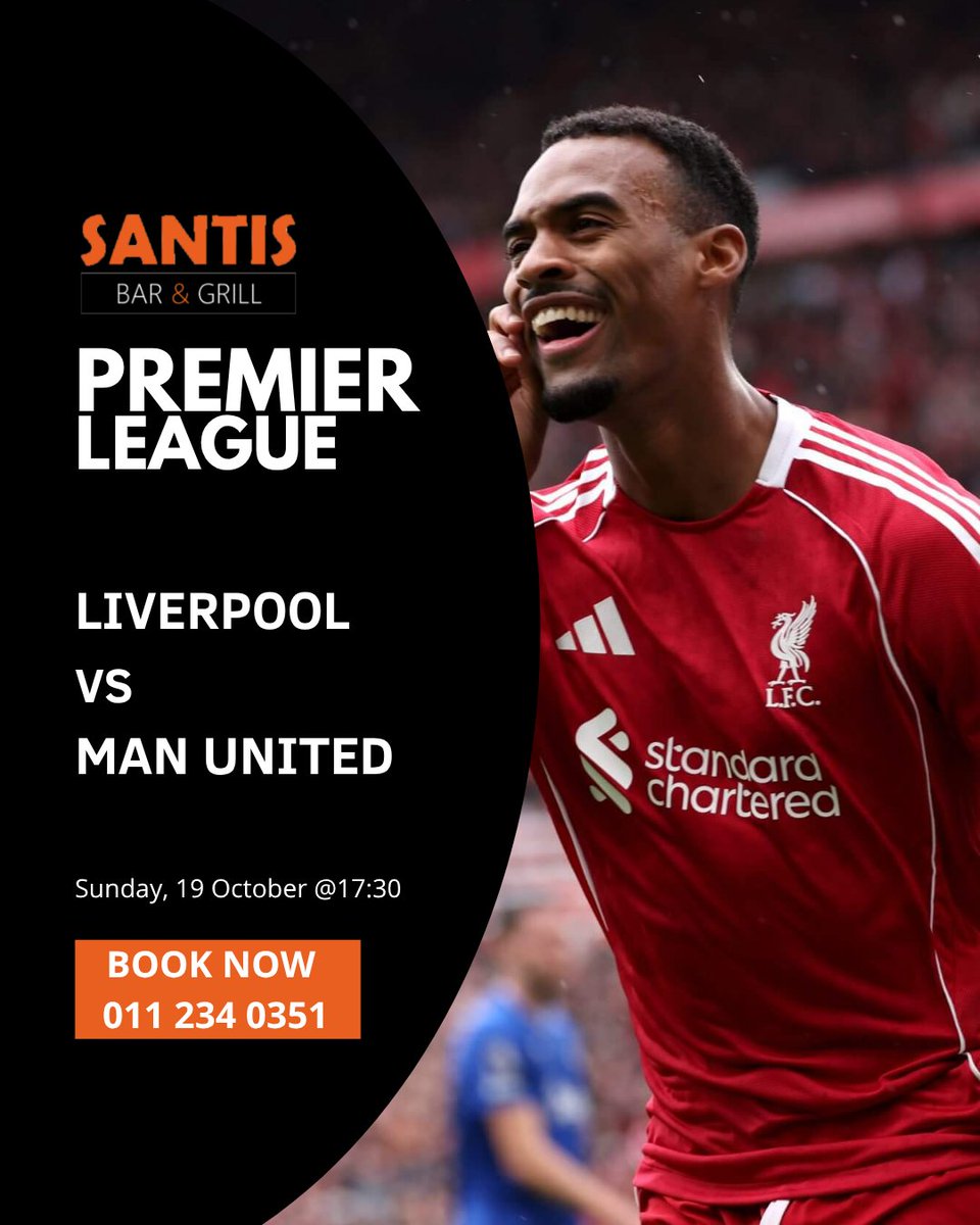 SantisBarGrill's tweet image. ⚽🔴Liverpool vs Man United🔴⚽
Sunday 19 Oct @ 17:30 — the big one!🔥Liverpool vs Man United, live on the big screens at Santis📺🍻. Don’t miss the atmosphere, the food🍔🍗, and the rivalry!
📍Bookings essential – call📞011 234 0351
#SantisBarAndGrill #santiswebchanges