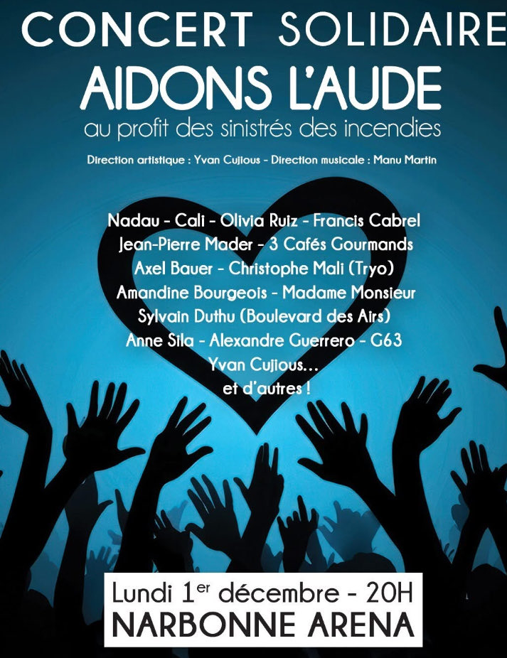 Le 1er décembre à Narbonne, un concert organisé à l’initiative du groupe Dépêche après les incendies historiques de l’Aude. La liste des artistes attendus grossit de jour en jour. Une chanteuse figure des Enfoirés sera elle aussi présente, je viens de recevoir sa confirmation 🙏