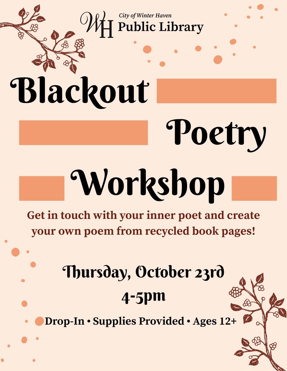 WinterHavenLib's tweet photo. ✏️Unleash your creativity at our Blackout Poetry Workshop on Thursday, October 23rd, from 4–5 PM! We’ll provide all the supplies (and a little inspiration) to help you craft your own unique poem. This is a drop-in program for ages 12 and up! https://t.co/PZsauMlZ6i