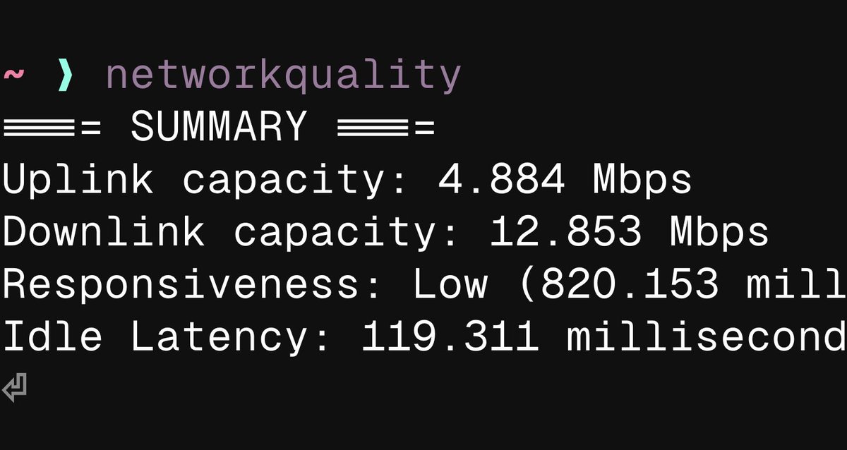 aidenybai's tweet image. TIL you can just run `networkquality` in your terminal on MacOS