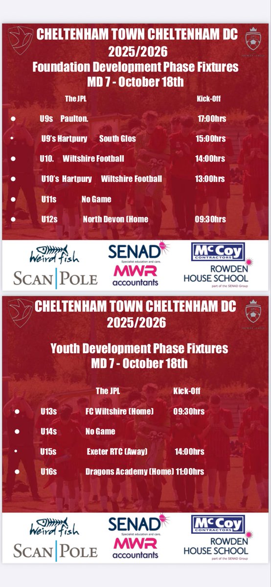 🔴⚪️𝗙𝗗𝗣 &amp; 𝗬𝗗𝗣 𝗙𝗶𝘅𝘁𝘂𝗿𝗲𝘀 | 𝗖𝗧𝗙𝗖𝗗𝗖Cheltenham/Hartpury🔴⚪️

Good morning! Here are our fixtures across the #JPL . 

As always, for those travelling to support, get behind the players &amp; enjoy the games!

#CTFCDCCheltenham 
#CTFCDevelopment