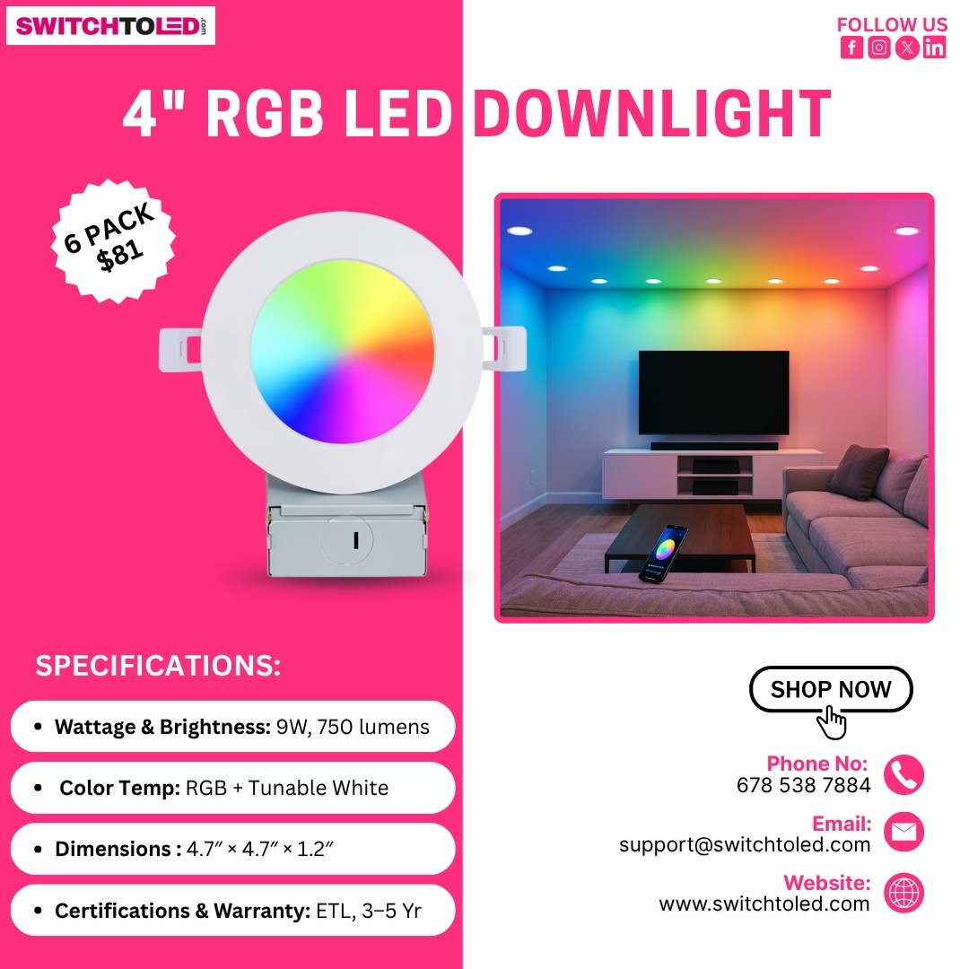 switchto_led's tweet image. Brighten your world with color 🌈
4&quot; RGB LED Downlight (6 Pack $81) — RGB + Tunable White, 750 lumens brilliance.
Shop now 👉 switchtoled.com
#LEDLighting #RGBLight #HomeDecor #SmartLighting #SwitchToLED #LEDDownlight #ColorYourRoom