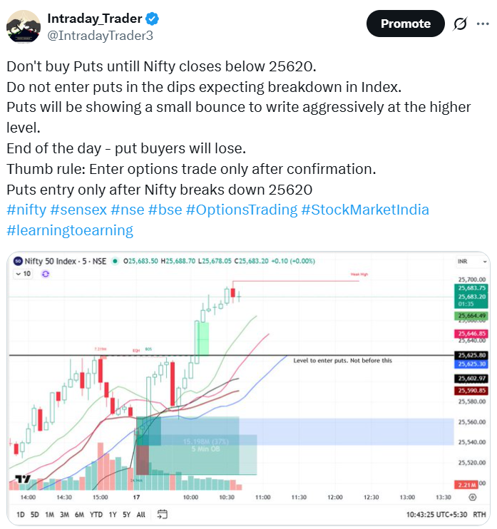 IntradayTrader3's tweet photo. Posted no shorts before 25620 while nifty was at 25680.
Nifty moved to 25680 --> 25780 and tested 25620 and bounced back to 25700+
Now we have an ideal trading opportunity on Monday to buy puts if Nifty breaks 25650.
Happy weekend🙂
#nifty #nse #sensex #bse #OptionsTrading #StockMarketIndia #intradaytrading