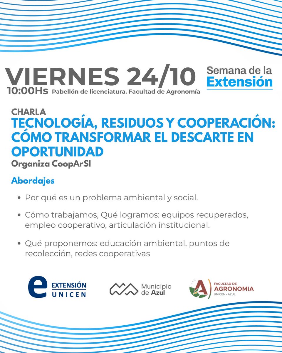 🔵El próximo 24 de octubre desde la <a href="/CoopCooparsi/">Cooperativa CoopArSI</a>  (asociada a <a href="/fecootra/">Fecootra</a>) realizarán una charla llamada: Tecnología, Residuos y Cooperación: Cómo transformar el descarte en oportunidad.

⚡El encuentro se realizará en la Facultad de Agronomía – <a href="/UNICEN_Oficial/">UNICEN</a>, en <a href="/MunicipioAzul/">Municipio Azul</a>