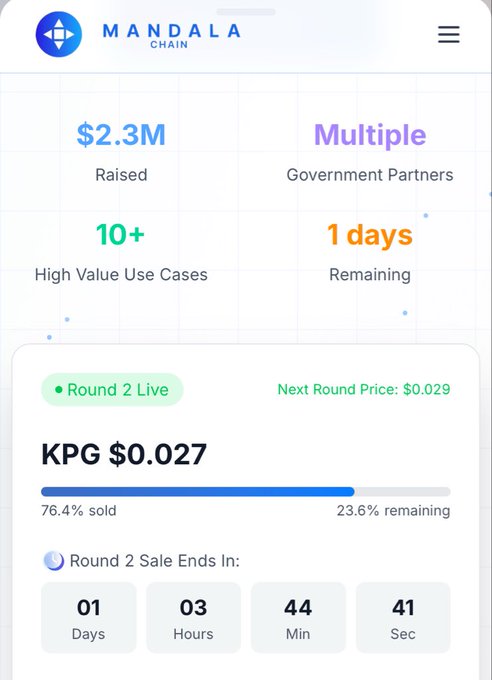 Loner_065's tweet image. Mandala Chain Public Sale (Round 2) is now 76% SOLD OUT!

The momentum is real  people are realizing @MandalaChain isn’t just another blockchain, it’s building digital nations and real-world impact

#MandalaChain #KPG #Web3 #Polkadot
