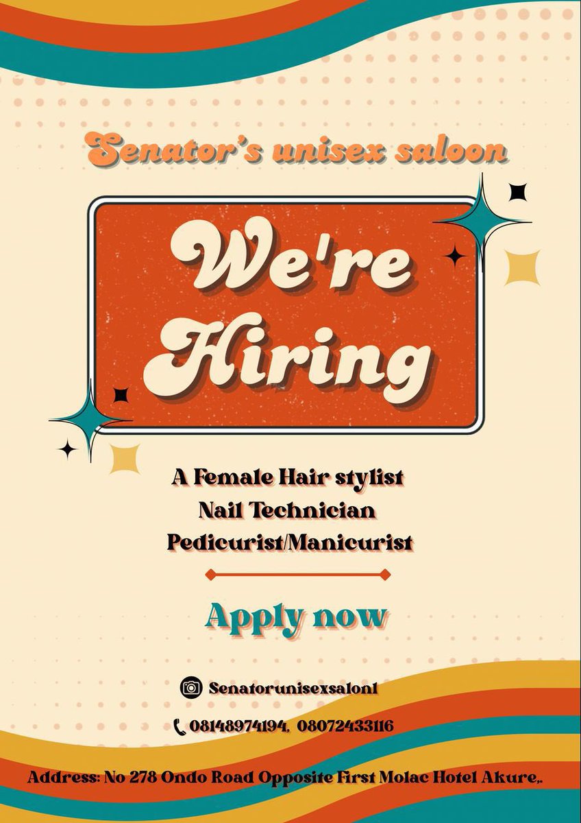 AkureKnight's tweet photo. JOB VACANCY!!!

SENATOR'S UNISEX SALON
  
  WE ARE HIRING 
     The following 

✅Female Hair Stylist
✅Barber 
✅Nail Technician
✅Pedicurist/Manicurist
✅Salon marketer 

      MORE INFO
08148974194 08072433116

https://t.co/mg1XRoZAeg https://t.co/lR8TiftfLL