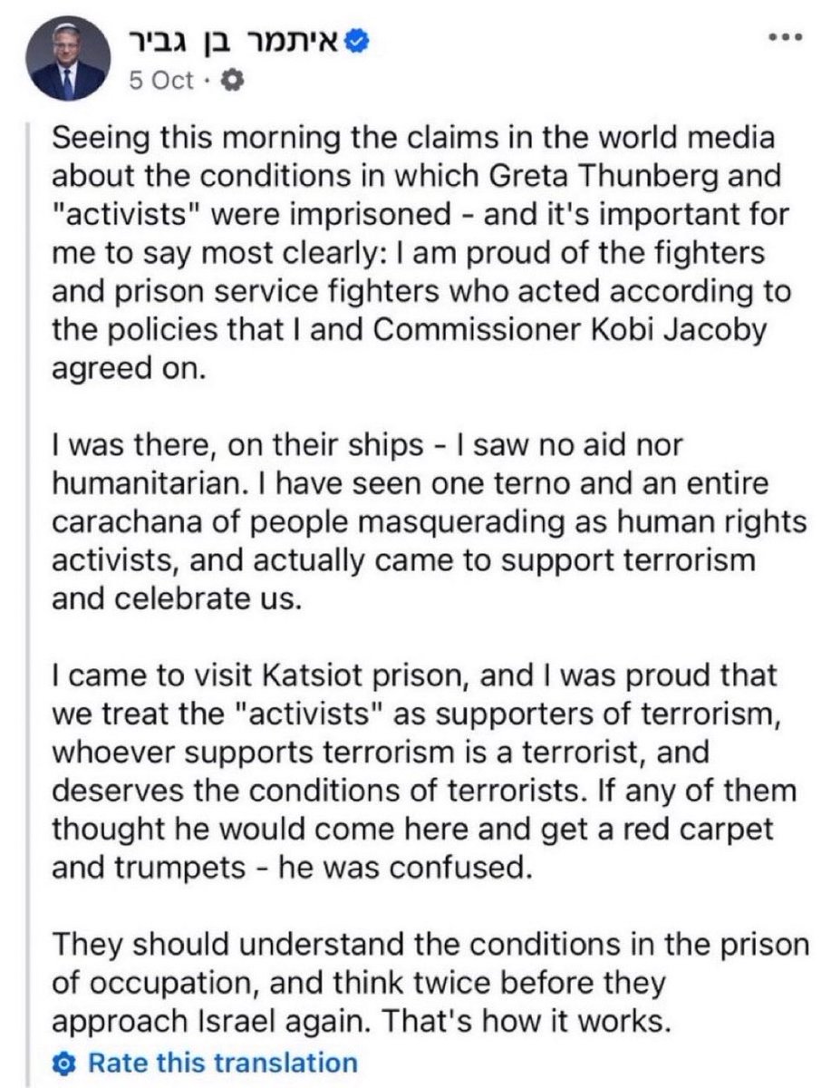 Timeless_Report's tweet image. 🚨Israeli Minister confirms the abuse of  Greta Thunberg!!

Israel’s National Security Minister Itamar Ben Gvir admitted that Greta Thunberg and other Gaza flotilla activists “deserve prison conditions” typically reserved for terrorism suspects, following their detention at…