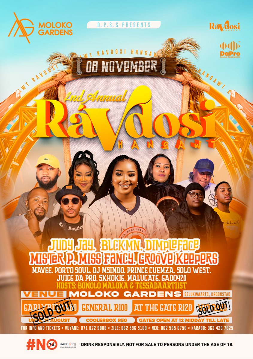 Rávdosi Hangawt – 8 NOV 2025 | MOLOKO GARDENS  | KROONSTAD,🔥

We’re officially turning up the heat! 💃🏽💥

Massive shoutout to everyone who secured their Early Bird Tickets — YOU made it a SOLD OUT success! 🙌🏽💫

And guess what? VIP Tickets are now SOLD OUT too! 😎🥂