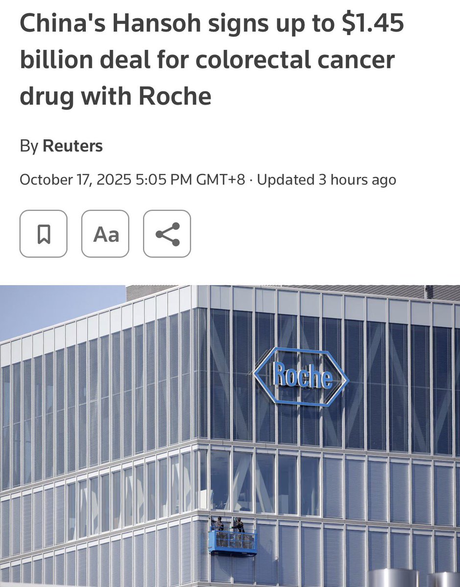 So i'm working with some hospitals and pharma in Shanghai, and seeing this trend firsthand.. China isn’t just licensing western drugs anymore, they’re making their own and selling to US and other countries. This could break a HUGE market. A Chinese pharma (Hansoh) just signed a