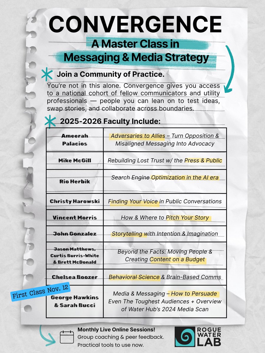 2️⃣ WEEKS left of early-bird pricing for Convergence Master Class -- the only #media and #messaging deep-dive created specifically for the water sector. The first class (Nov. 12 with George Hawkins and Sarah Bucci) is free to attend and open to all! - ➡️  pci.jotform.com/form/252616012…
