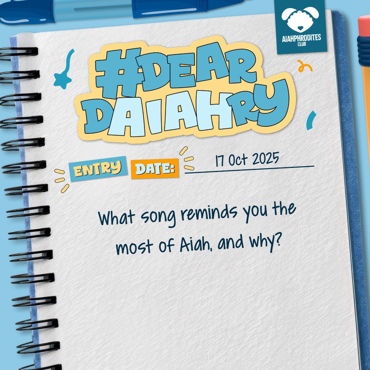 #DearDaiahry,

Music has a way of connecting us to people we love and moments we treasure. Got lyrics that remind you of Aiah? Drop it below and tell us why! 🩵

With luv,
#AiahphroditesClub
#BINI_Aiah <a href="/bini_aiah/">Aiah Arceta</a>