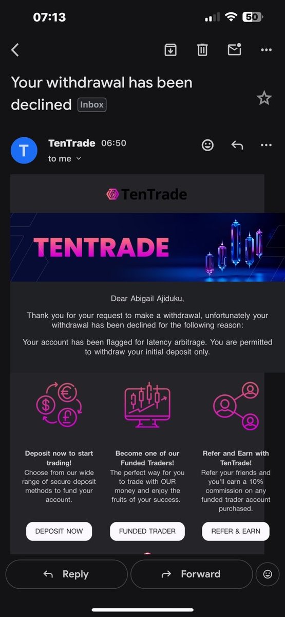 <a href="/Tentradeafrica/">TenTrade Africa</a> Withdrawal Issue
My friend and I made legit profit trading #XAUUSD manually, no bots, no latency tools.
But withdrawal is being blocked, and they’re claiming “latency arbitrage”
It is unfair to retail traders.plz resolve this.
#BrokerAlert #ForexScam #NaijaForex