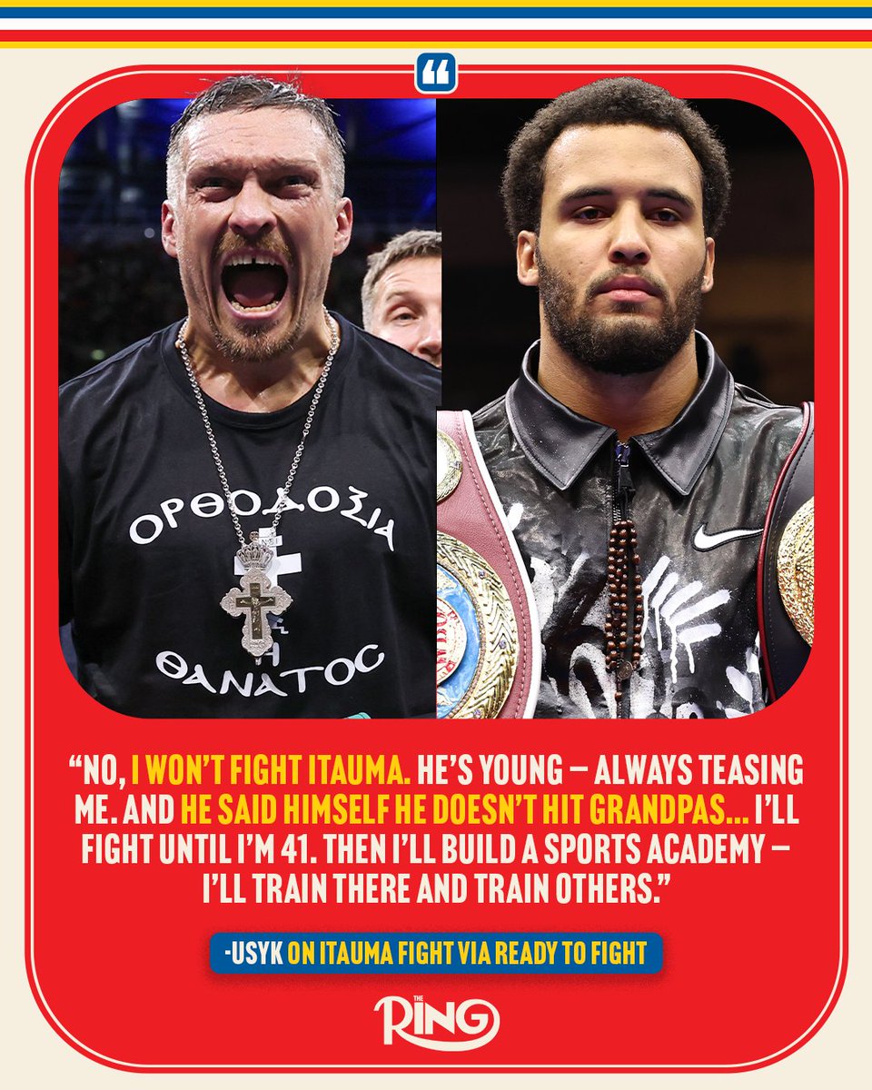 ringmagazine's tweet image. Oleksandr Usyk says that he will not be fighting Moses Itauma, and intends to fight until he is 41, and then build a sports academy to train others.
