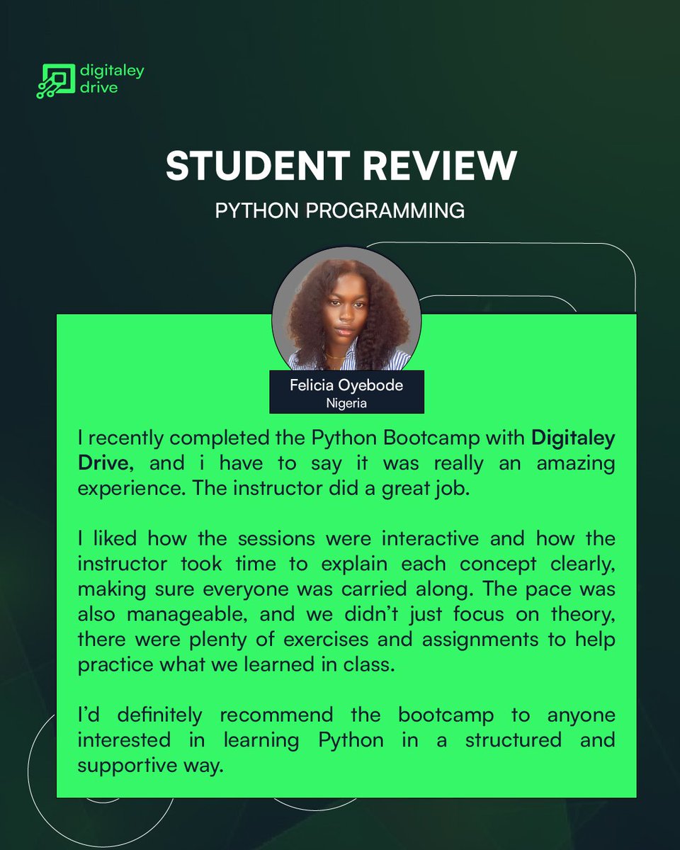 Digitaleydrive's tweet image. 🚀 Stop wishing you could code -start learning Python!

Join Digitaley Drive’s 3-Month Python Training &amp;amp; go from beginner to confident coder.

💰 Early Bird: ₦30k (was ₦50k)
🗓 Starts Oct 25 | 🕔 Weekends 5–7PM

DM to register!
#Python #DataScience #DigitaleyDrive #TechTraining