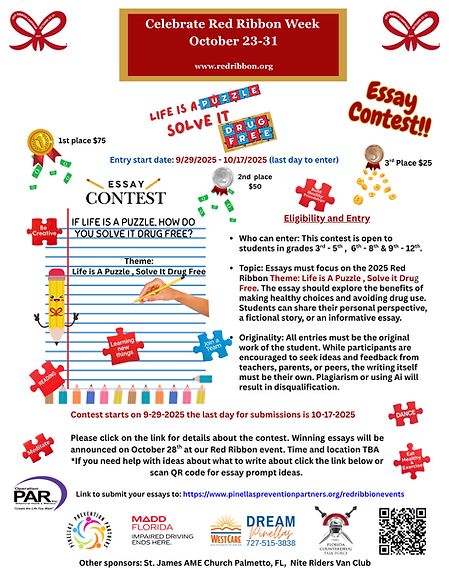 DUE TODAY - CHALK ART CONTEST AND ESSAY CONTEST to celebrate Red Ribbon Week. See details below. Submit your chalk art photos and essays here: buff.ly/QHjLGsU See attached flyers for details. Submissions are due October 17, 2025.