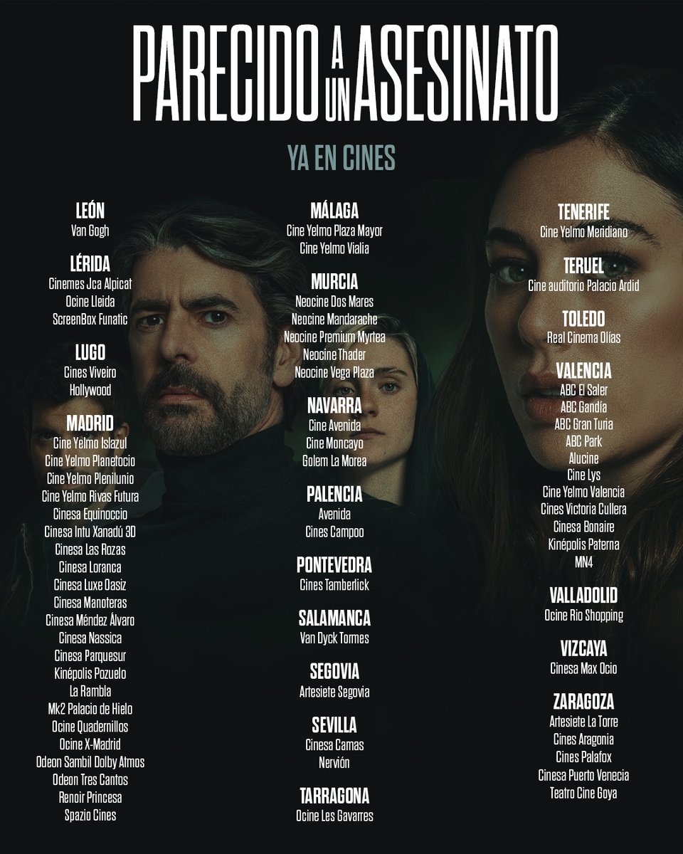 Hay secretos que no se pueden enterrar.

Parecido a un asesinato sigue en cartelera tras conquistar al público. Protagonizada por Blanca Suárez, <a href="/Norihouse/">Eduardo Noriega</a>, <a href="/tamarnovas/">Tamar Novas</a> y Claudia Mora, esta historia te arrastra a un lugar donde nada es lo que parece… y todos son testigos de