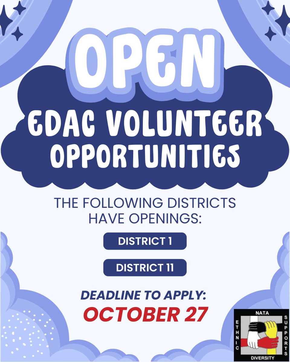 Are you interested in becoming more involved with EDAC? EDAC is still accepting applications for District Chairs in Districts 1 and 11. If interested, please visit gather.nata.org/volunteeroppor… for more information! Applications due October 27th! #EDAC365 #EDAC4ALL