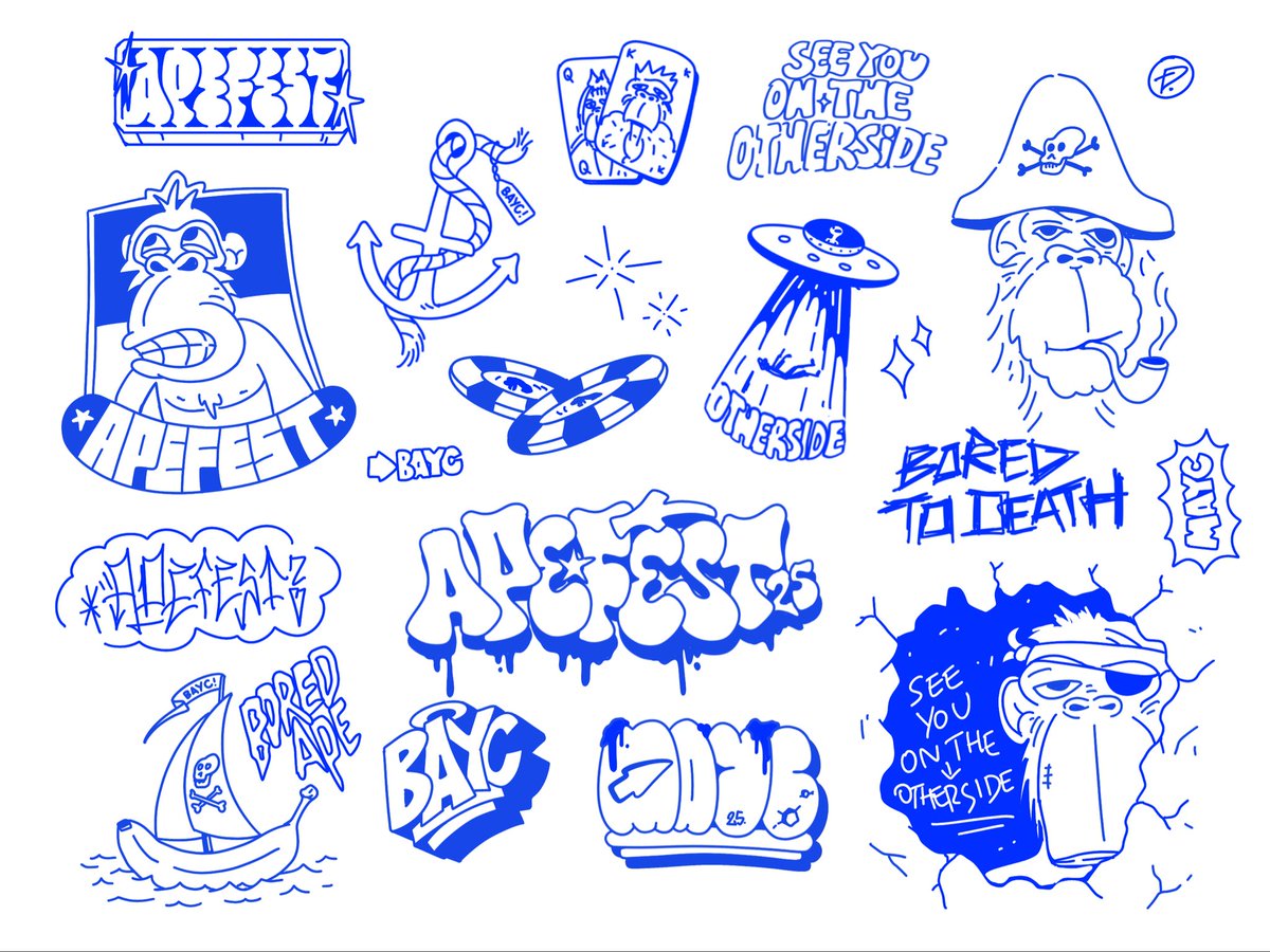 Yo! Sketching some 🔥 #ApeFest tattoo stuff. Might turn these into real ink 👀
Hit my DMs if you want yours. <a href="/BoredApeYC/">Bored Ape Yacht Club 🍌</a>