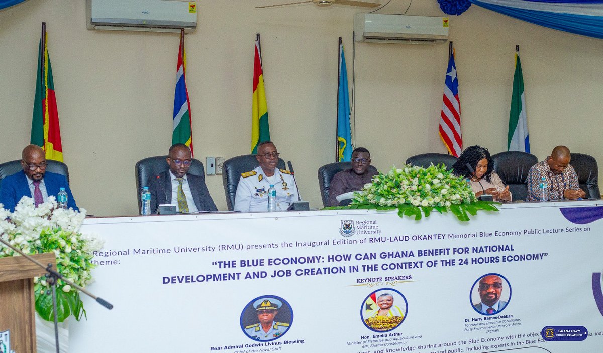 Ghana_Navy's tweet photo. The Chief Staff Officer (CSO) at the Naval Headquarters, Commodore Ben Baba Abdul, delivered a lecture at the Regional Maritime University (RMU) on Wednesday, 15 October 2025. https://t.co/veHNUZOCT6