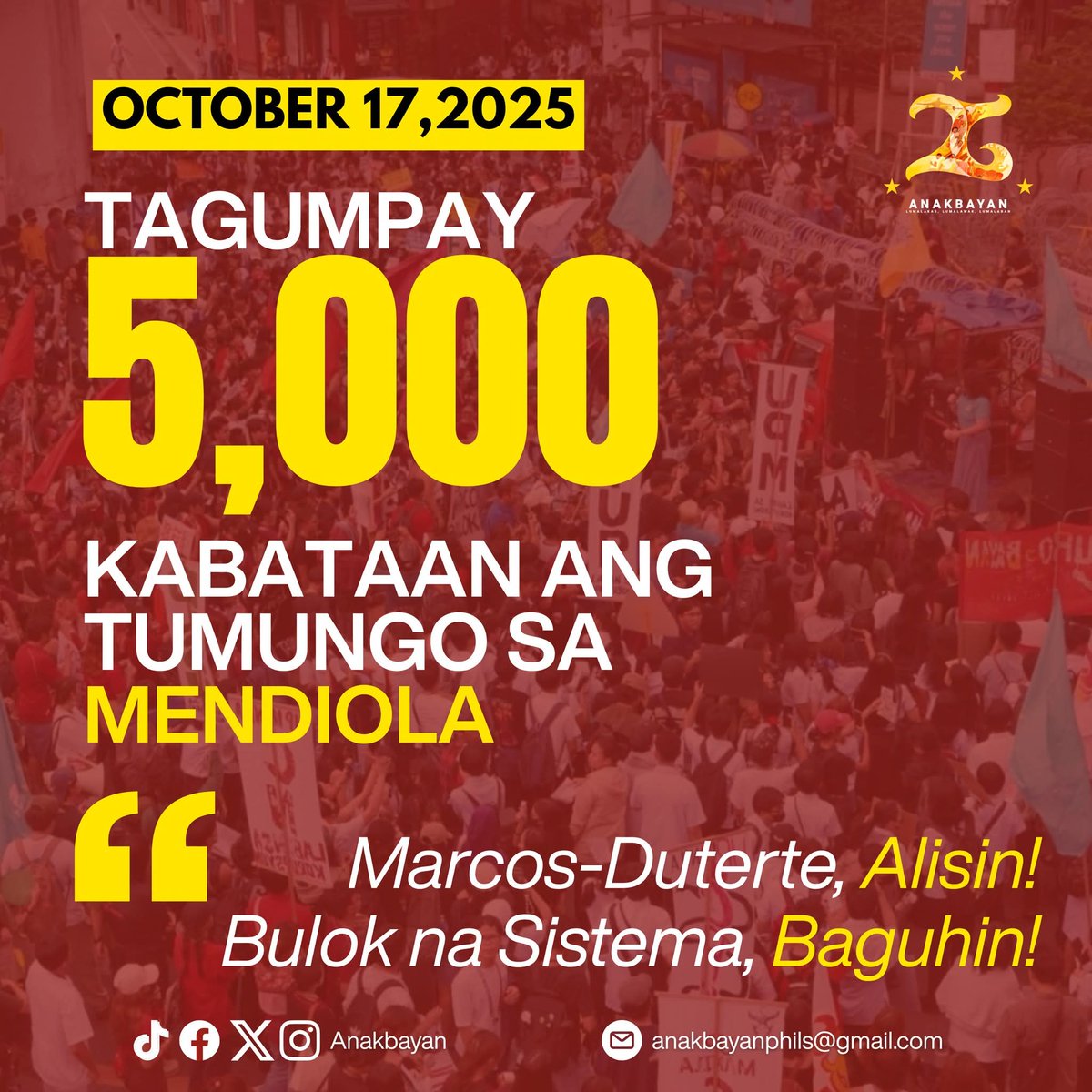 anakbayan_ph's tweet photo. SIGAW NG 5000 KABATAANG KUMILOS AT TUMUNGO SA MENDIOLA: Marcos-Duterte, Alisin! Bulok na sistema, baguhin! 

TAGUMPAY ang October 17 National Day of Action laban sa korapsyon sa pangunguna ng Anakbayan, at iba pang progresibong pambansang demokratikong organisasyon ng kabataan. https://t.co/Z0rB5B28Gh