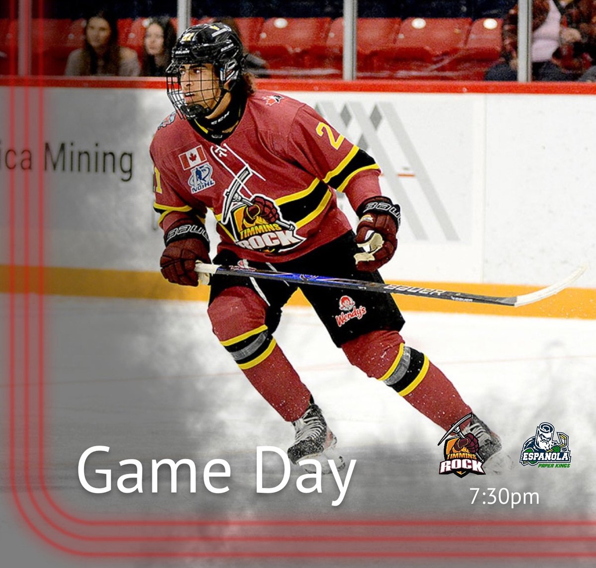 TimminsRock's tweet photo. 📣 ITS GAME DAY! 🏠
Your Timmins Rock are back in action tonight as they host the Espanola Paper Kings in the front half of a weekend home-and-home. Puck drops at 7:30pm🏒
🎟️https://t.co/A2r6eVCAwx
🎙️Andrew Autio & Jason Kelly
🖥️FloHockey
#PackTheMac #NOJHL #GoRockGo https://t.co/nyfM6NPZoh
