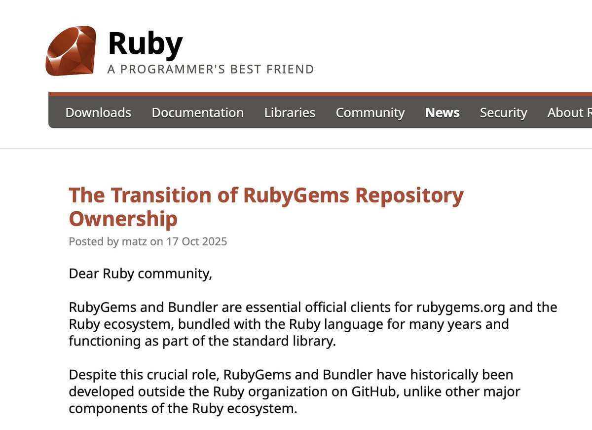MikeMcQuaid's tweet image. As someone who spent a bunch of time talking before and after this all went down with current and past RubyGems maintainers, RubyCentral employees, gem.coop maintainers and Ruby Core folks: this seems like the best outcome that was actually attainable.