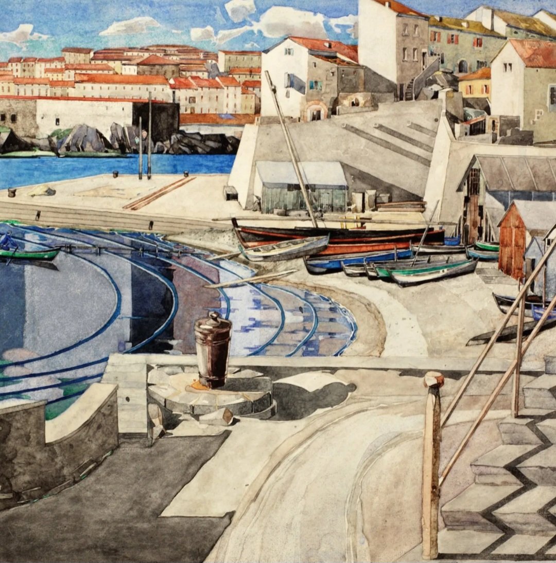 ahistoryinart's tweet image. Charles Rennie Mackintosh's reputation in his lifetime, and to the present day, was based not just upon his work as an architect, but also as a designer and painter. In 1923, with his wife Margaret, he settled in Port Vendres in the Mediterranean. 'The Little Bay,' is from 1927.