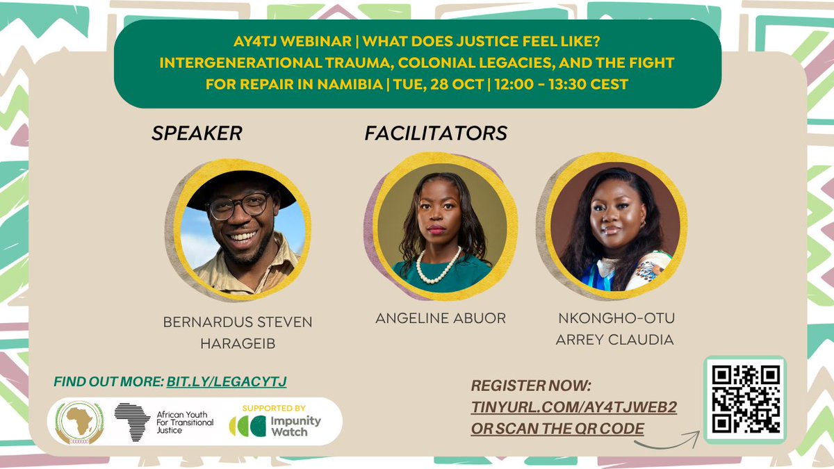 Thank you to everyone who joined yesterday’s webinar!  

Next, we head to 🇳🇦Namibia with <a href="/stevenharageib/">SBH</a>'s  “What Does Justice Feel Like? Intergenerational Trauma, Colonial Legacies &amp; the Fight for Repair.”
  
📅 28 Oct | 🕛To Register: tinyurl.com/AY4TJWeb2

#AY4TJ #Namibia